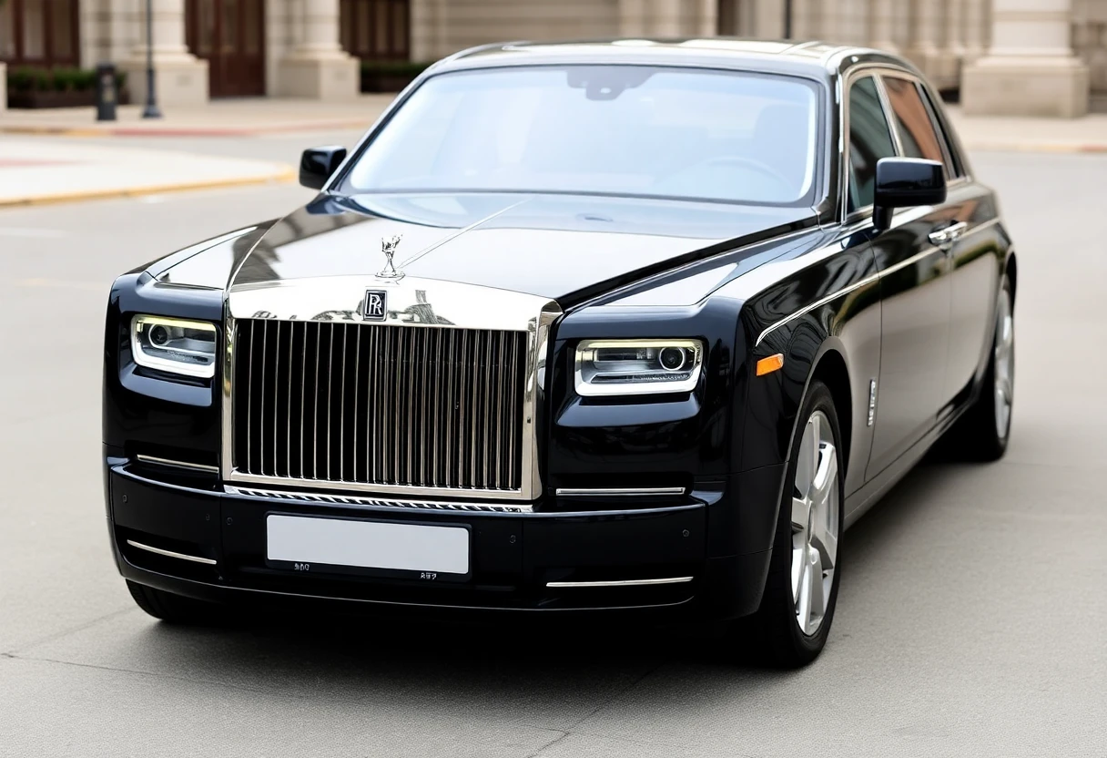 Rolls-Royce Phantom, berline de luxe noire, vue de trois-quarts avant